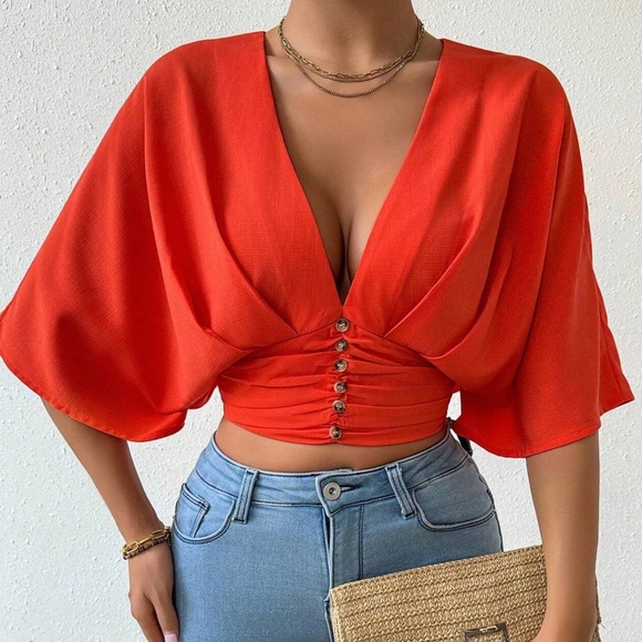 Vibrant Orange Button detail shirred Kimono Sleeve Blouse